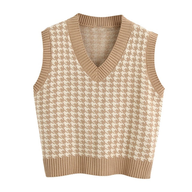 KPYTOMOA Women 2021 Fashion Oversized Houndstooth Knitted Vest Sweater Vintage Sleeveless Side Vents Female Waistcoat Chic Tops voguable