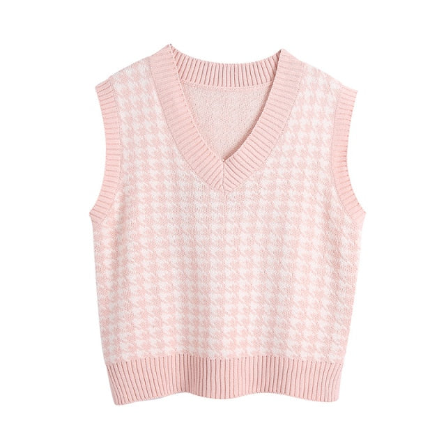 KPYTOMOA Women 2021 Fashion Oversized Houndstooth Knitted Vest Sweater Vintage Sleeveless Side Vents Female Waistcoat Chic Tops voguable