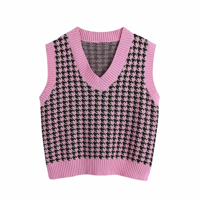 KPYTOMOA Women 2021 Fashion Oversized Houndstooth Knitted Vest Sweater Vintage Sleeveless Side Vents Female Waistcoat Chic Tops voguable