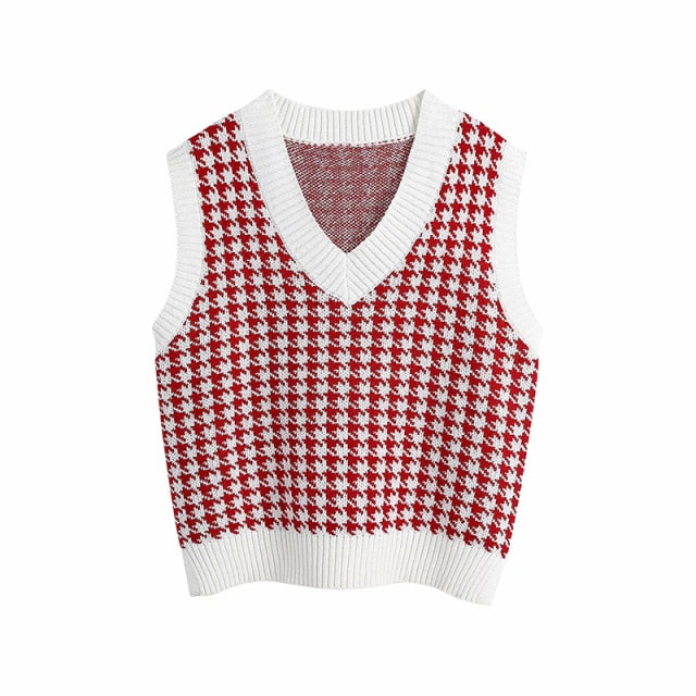 KPYTOMOA Women 2021 Fashion Oversized Houndstooth Knitted Vest Sweater Vintage Sleeveless Side Vents Female Waistcoat Chic Tops voguable
