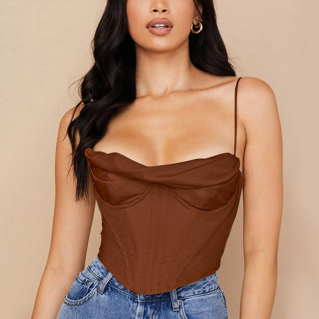 Voguable Satin Corset Top Spaghetti Strap Lining Cowl Neck Boning Padded 2Layer Backless Zipper Bustier Sexy Crop Tops Women 2021 voguable