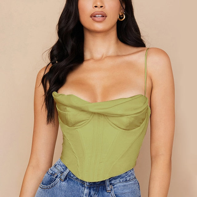 Voguable Satin Corset Top Spaghetti Strap Lining Cowl Neck Boning Padded 2Layer Backless Zipper Bustier Sexy Crop Tops Women 2021 voguable