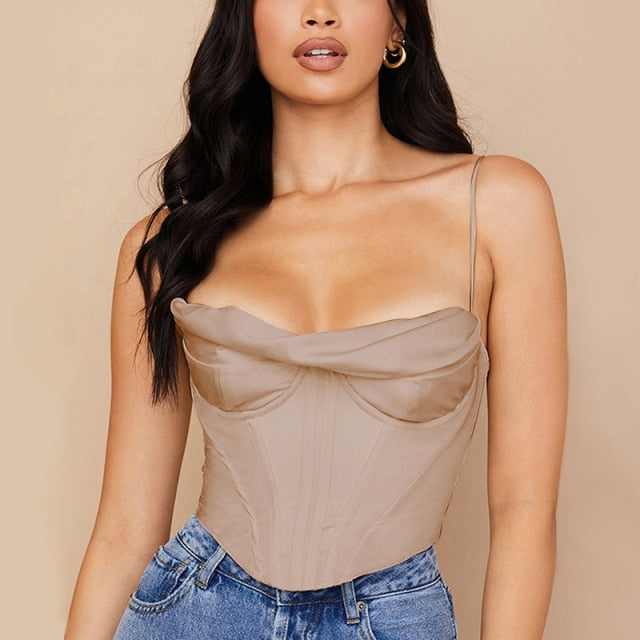 Voguable Satin Corset Top Spaghetti Strap Lining Cowl Neck Boning Padded 2Layer Backless Zipper Bustier Sexy Crop Tops Women 2021 voguable
