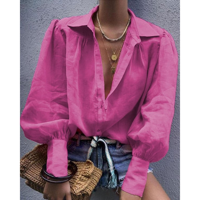 Women Cotton Linen Shirt Casual Solid Tops Blouse Long Lantern Sleeve Button Turn Down Collar Loose Oversize Shirts for Autumn voguable