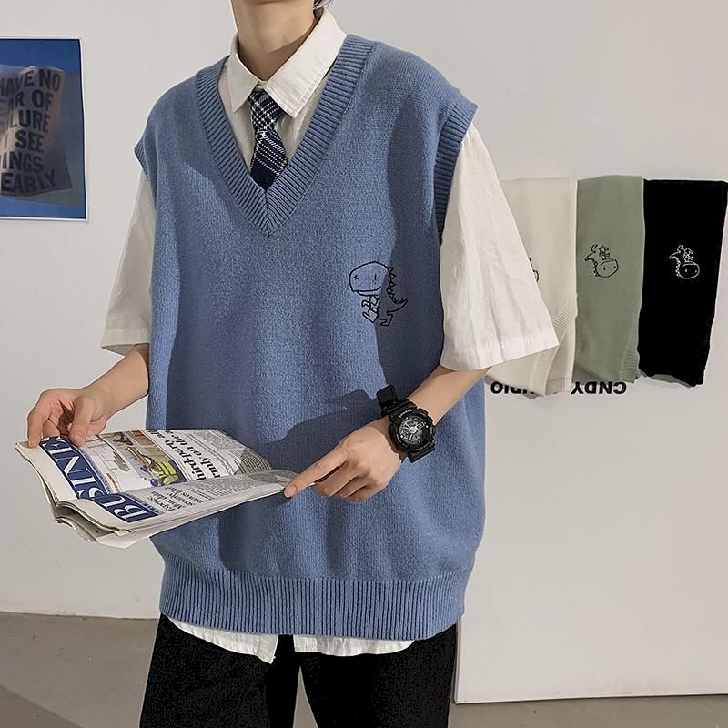 Voguable 2021 Spring Men's Trendy Dinosaur Sweater Embroidered Loose V-neck Sweater Vest Woman Casual Streetwear Tops Clothing argyle voguable