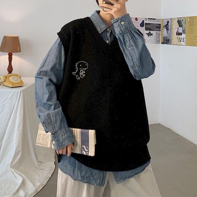 Voguable 2021 Spring Men's Trendy Dinosaur Sweater Embroidered Loose V-neck Sweater Vest Woman Casual Streetwear Tops Clothing argyle voguable