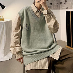 Voguable 2021 Spring Men's Trendy Dinosaur Sweater Embroidered Loose V-neck Sweater Vest Woman Casual Streetwear Tops Clothing argyle voguable