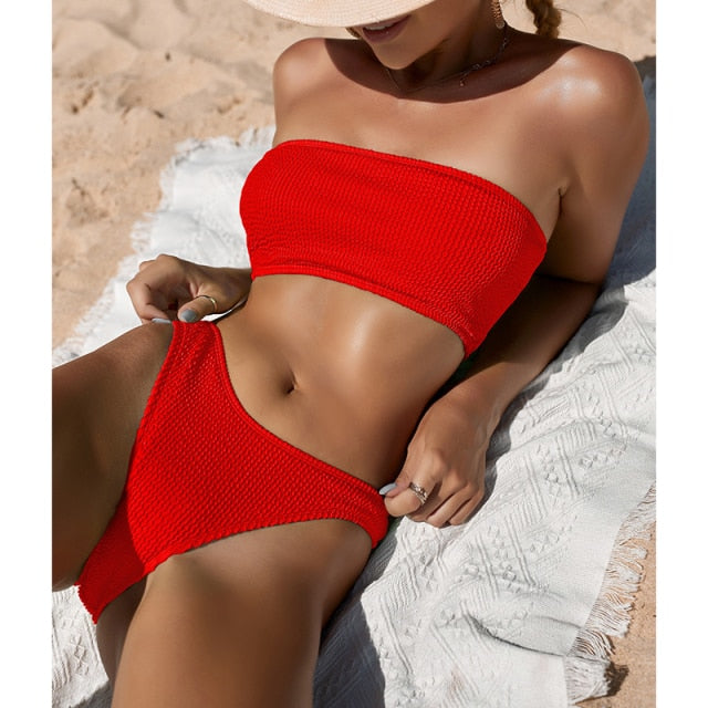 Riseado Sexy High Waist Bikinis Bandeau Swimwear Women 2021 Ribbed Women's Swimsuits One Shoulder Bathing Suits Solid Biquini voguable