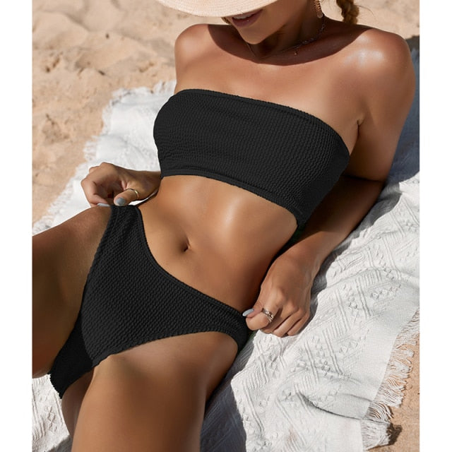 Riseado Sexy High Waist Bikinis Bandeau Swimwear Women 2021 Ribbed Women's Swimsuits One Shoulder Bathing Suits Solid Biquini voguable