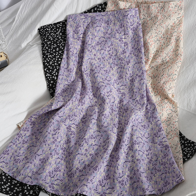 Floral Purple Print Ruffle Pleated Long Skirts 2021 Summer Women Korean Style Streetwear Drawstring Elastic Waist Midi Skirt voguable