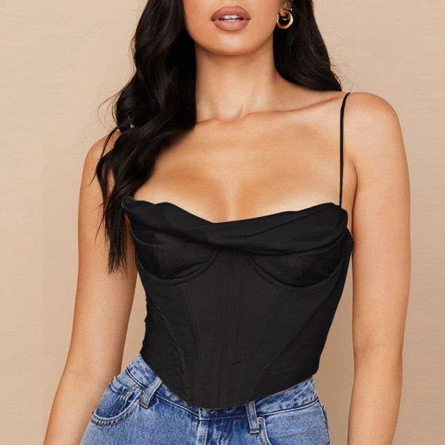 Voguable Satin Corset Top Spaghetti Strap Lining Cowl Neck Boning Padded 2Layer Backless Zipper Bustier Sexy Crop Tops Women 2021 voguable