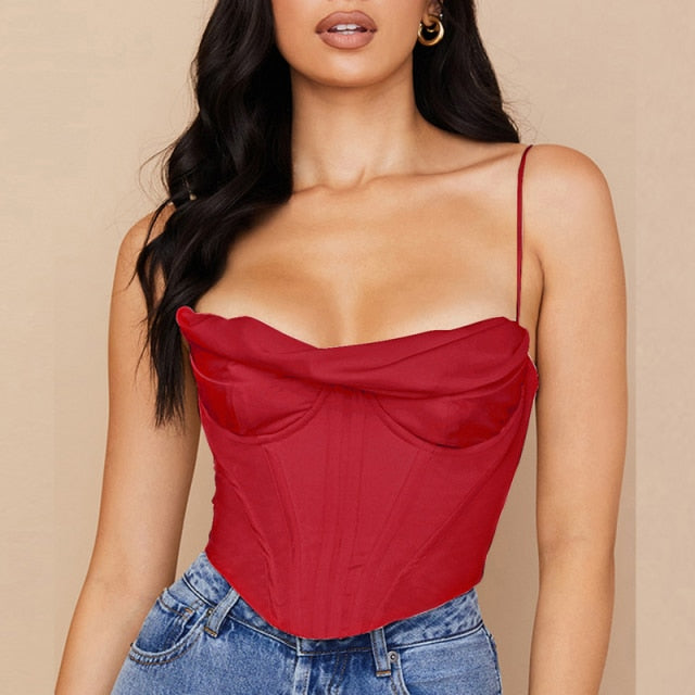 Voguable Satin Corset Top Spaghetti Strap Lining Cowl Neck Boning Padded 2Layer Backless Zipper Bustier Sexy Crop Tops Women 2021 voguable