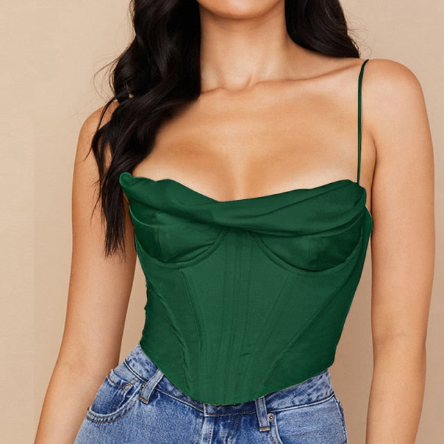 Voguable Satin Corset Top Spaghetti Strap Lining Cowl Neck Boning Padded 2Layer Backless Zipper Bustier Sexy Crop Tops Women 2021 voguable