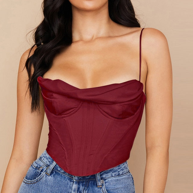 Voguable Satin Corset Top Spaghetti Strap Lining Cowl Neck Boning Padded 2Layer Backless Zipper Bustier Sexy Crop Tops Women 2021 voguable