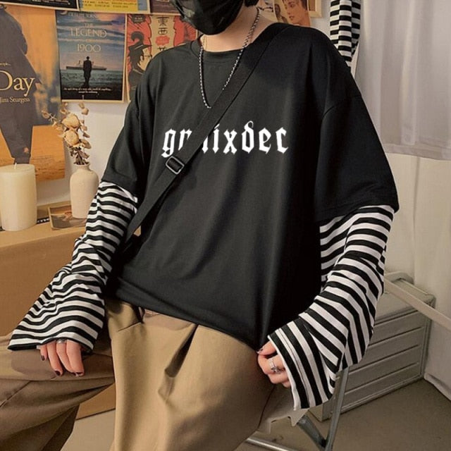 Voguable Long Sleeve Fake Two-piece T Shirt Striped Big Shirts Men Clothing Men Fashion 2020 New Oversized Tees Clothes Tshirt voguable