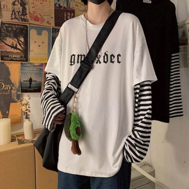 Voguable Long Sleeve Fake Two-piece T Shirt Striped Big Shirts Men Clothing Men Fashion 2020 New Oversized Tees Clothes Tshirt voguable