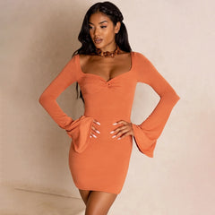 Elegant Long Sleeve Mini Dresses for Women 2021 Party Evening Club Outfits Fall Sexy Bodycon Short Dress White Orange Green voguable