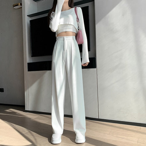 voguable Casual High Waist Loose Wide Leg Pants for Women Spring Autumn New Female Floor-Length White Suits Pants Ladies Long Trousers voguable