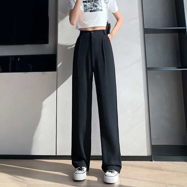 voguable Casual High Waist Loose Wide Leg Pants for Women Spring Autumn New Female Floor-Length White Suits Pants Ladies Long Trousers voguable