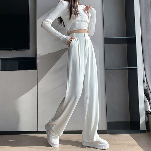 voguable Casual High Waist Loose Wide Leg Pants for Women Spring Autumn New Female Floor-Length White Suits Pants Ladies Long Trousers voguable