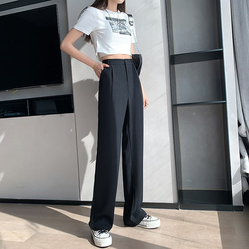 voguable Casual High Waist Loose Wide Leg Pants for Women Spring Autumn New Female Floor-Length White Suits Pants Ladies Long Trousers voguable