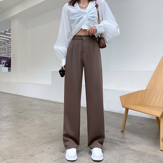 voguable Casual High Waist Loose Wide Leg Pants for Women Spring Autumn New Female Floor-Length White Suits Pants Ladies Long Trousers voguable