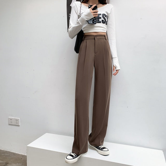 voguable Casual High Waist Loose Wide Leg Pants for Women Spring Autumn New Female Floor-Length White Suits Pants Ladies Long Trousers voguable