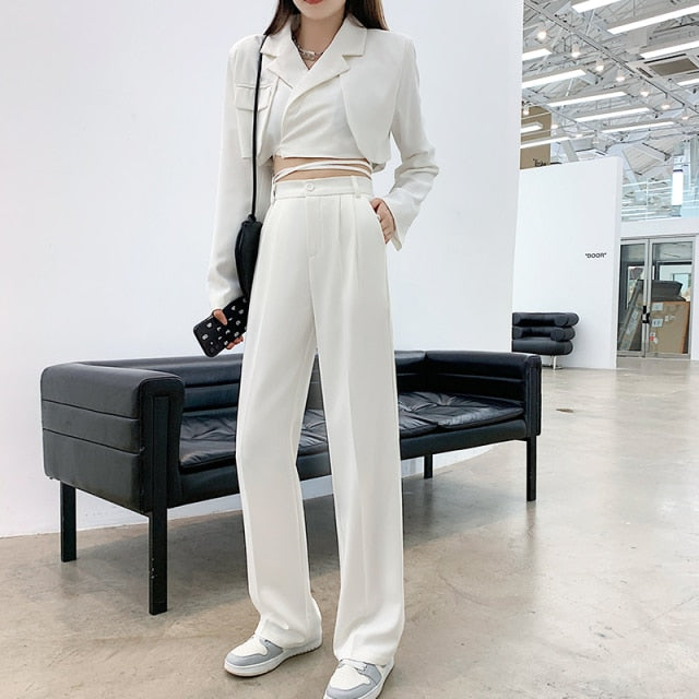 voguable Casual High Waist Loose Wide Leg Pants for Women Spring Autumn New Female Floor-Length White Suits Pants Ladies Long Trousers voguable