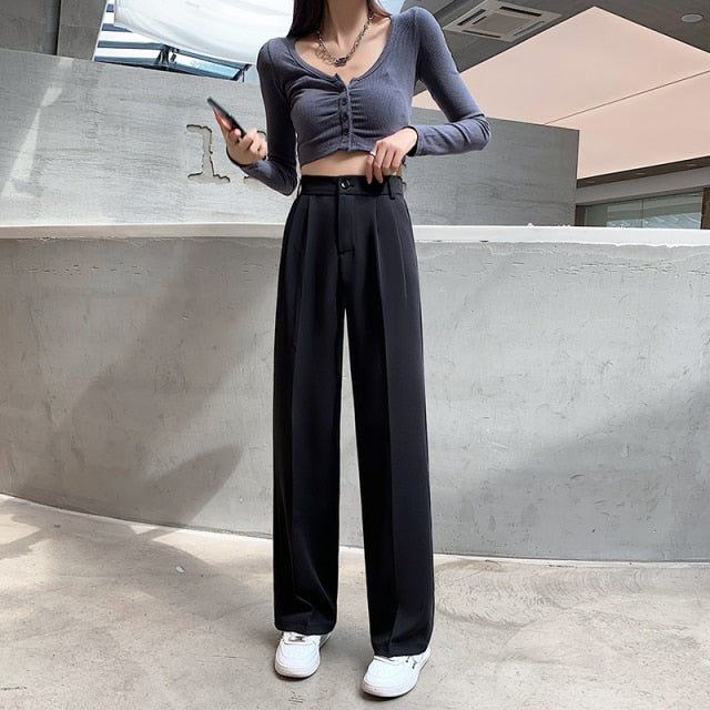 voguable Casual High Waist Loose Wide Leg Pants for Women Spring Autumn New Female Floor-Length White Suits Pants Ladies Long Trousers voguable