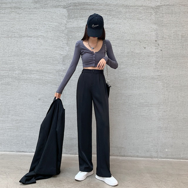 voguable Casual High Waist Loose Wide Leg Pants for Women Spring Autumn New Female Floor-Length White Suits Pants Ladies Long Trousers voguable