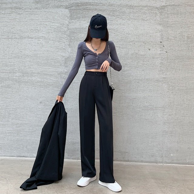 voguable Casual High Waist Loose Wide Leg Pants for Women Spring Autumn New Female Floor-Length White Suits Pants Ladies Long Trousers voguable
