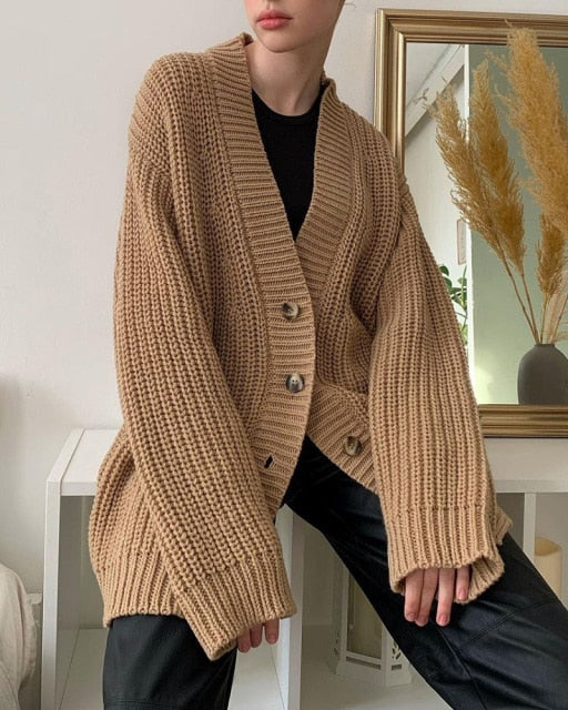 Yiyiyouni Autumn Winter V-Neck Loose Cardigans Women Single Breasted Casual Oversized Sweater Female Long Sleeve Knitted Jumpers voguable