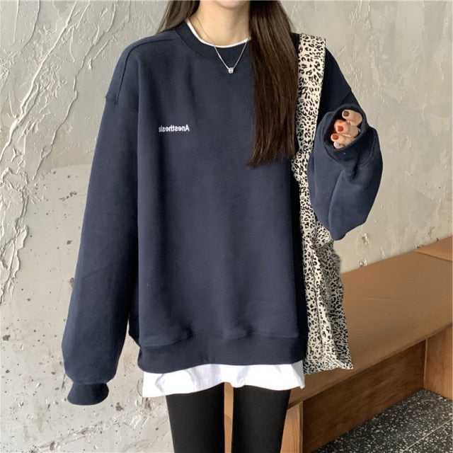 Voguable Autumn Winter Girl Korean Version Oversized Hoodies Street Style Letter Embroidery Sweatshirt Fleece Thick Pullover Tops Femmes voguable