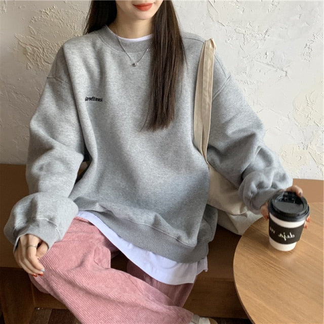 Voguable Autumn Winter Girl Korean Version Oversized Hoodies Street Style Letter Embroidery Sweatshirt Fleece Thick Pullover Tops Femmes voguable