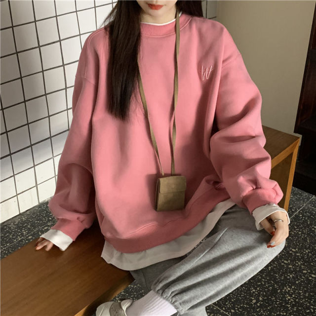 Voguable Autumn Winter Girl Korean Version Oversized Hoodies Street Style Letter Embroidery Sweatshirt Fleece Thick Pullover Tops Femmes voguable