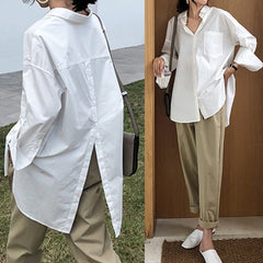 voguable Fashion Women White Shirt 2022 Autumn Blouses Lapel Casual Solid Long Sleeve Buttons Asymmetric Tunic Top Blusas Oversize voguable