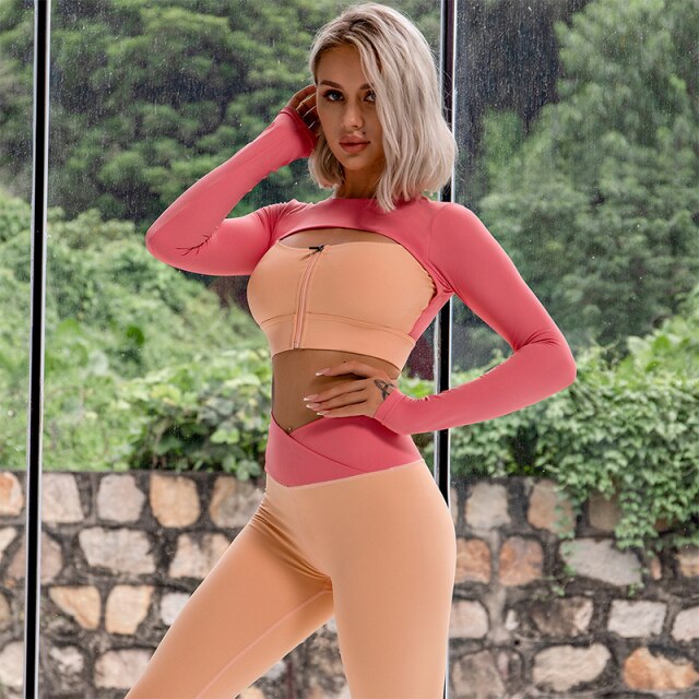 VOGUABLE  Long Sleeve Sports 2 Piece Suit Women Top Zipper High Waist Breathable Leggings Set Fitness Yoga Cycling Sportswear Sets voguable