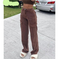 Voguable Rockmore Brown Vintage Baggy Jeans Women 90s Streetwear Pockets Wide Leg Cargo Pants Low Waist Straight Denim Trousers 2021 voguable