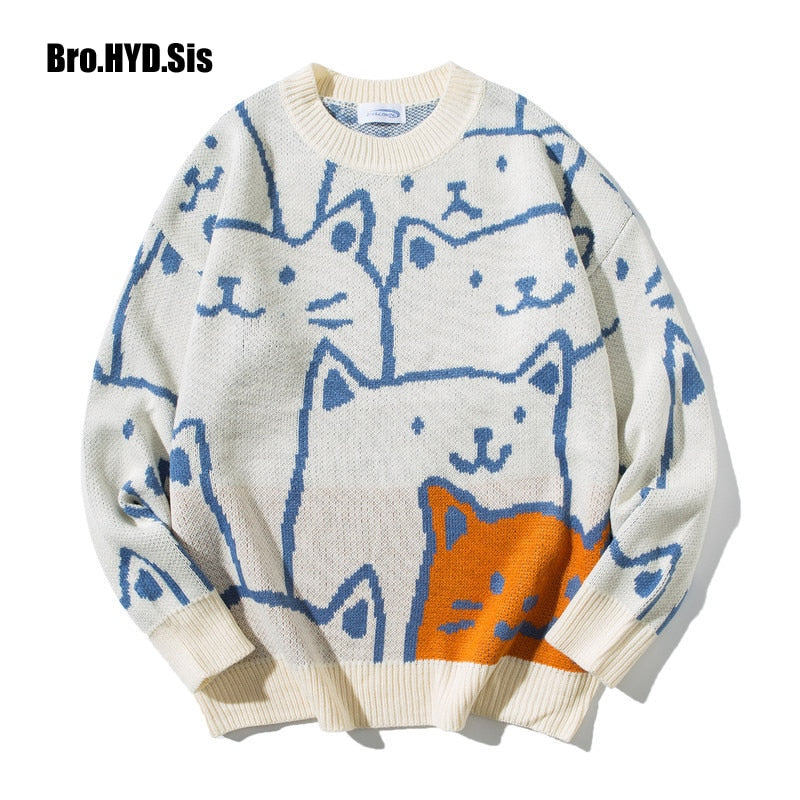 Voguable Cute Cartoon Cat Sweater for Women O-neck Knitted Men's Autumn Winter New Loose Fit Couple Pullovers Lady Knit Coat voguable