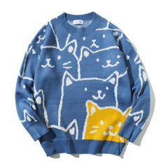 Voguable Cute Cartoon Cat Sweater for Women O-neck Knitted Men's Autumn Winter New Loose Fit Couple Pullovers Lady Knit Coat voguable