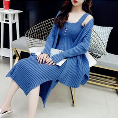 Voguable 2021 New High Quality Winter Women's Casual Long Sleeved Cardigan + Suspenders Sweater Vest Two Piece Runway Dresses Suit voguable