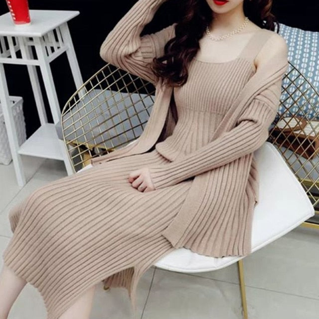 Voguable 2021 New High Quality Winter Women's Casual Long Sleeved Cardigan + Suspenders Sweater Vest Two Piece Runway Dresses Suit voguable