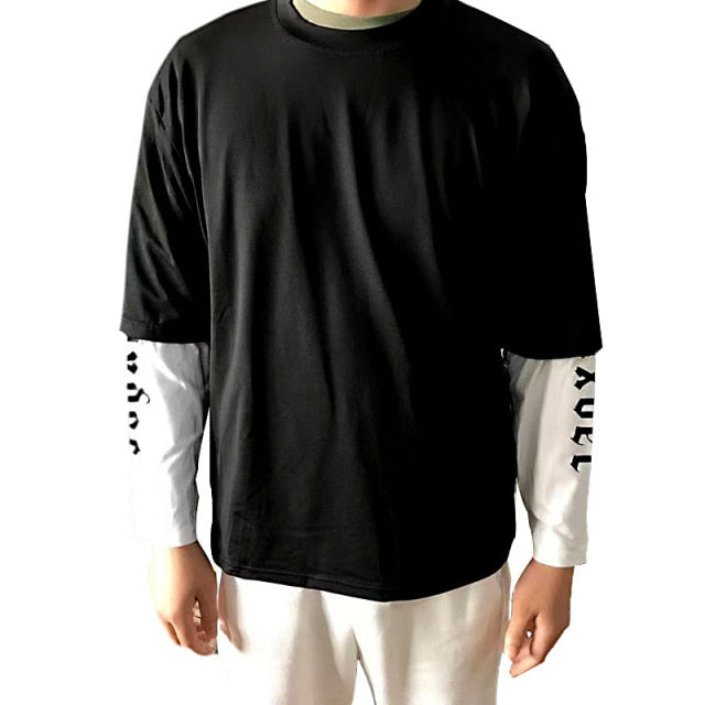 Voguable Long Sleeve Fake Two-piece T Shirt Striped Big Shirts Men Clothing Men Fashion 2020 New Oversized Tees Clothes Tshirt voguable