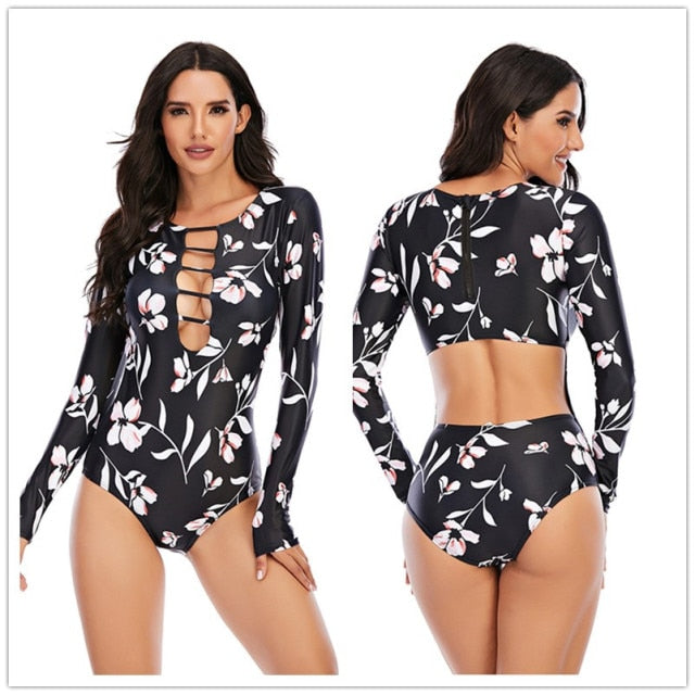 Surfing Swimsuit For Women 2022 Bikini Long Sleeve Swimwear Tiger Print Push Up Summer Bath Suit Two Piece Bandeau Biquini voguable