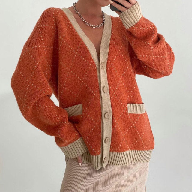 Women V Neck Knitted Cardigans Sweater Pink Houndstooth Knit Cardigan 2021 Long Sleeve Fashion Autumn Oversized Jumper voguable