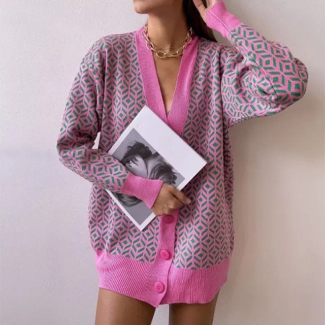 Women V Neck Knitted Cardigans Sweater Pink Houndstooth Knit Cardigan 2021 Long Sleeve Fashion Autumn Oversized Jumper voguable