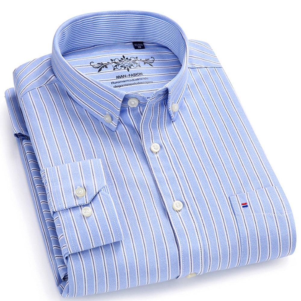 Voguable Men's Button Down Casual Durable Oxford Shirt Single Patch Pocket Spring Autumn Long Sleeve Standard-fit Striped Plaid Shirts voguable