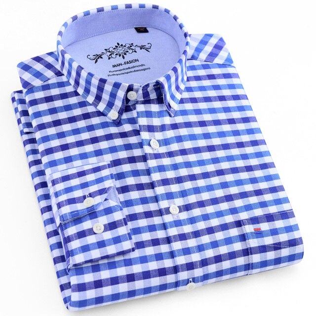 Voguable Men's Button Down Casual Durable Oxford Shirt Single Patch Pocket Spring Autumn Long Sleeve Standard-fit Striped Plaid Shirts voguable