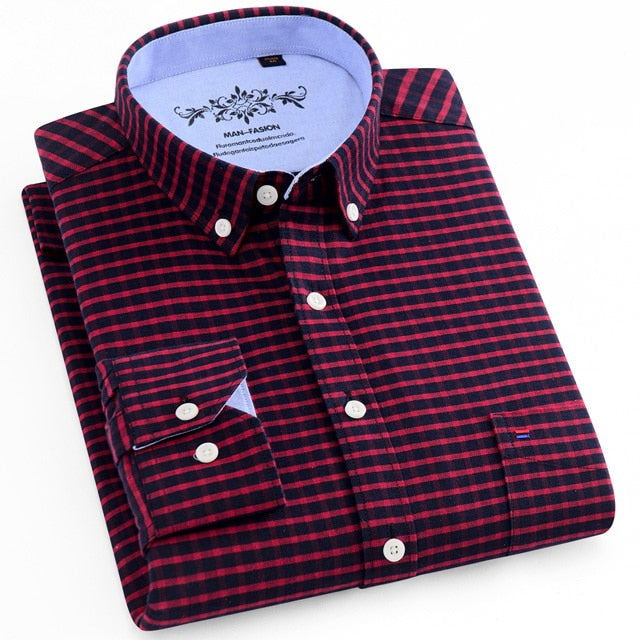 Voguable Men's Button Down Casual Durable Oxford Shirt Single Patch Pocket Spring Autumn Long Sleeve Standard-fit Striped Plaid Shirts voguable
