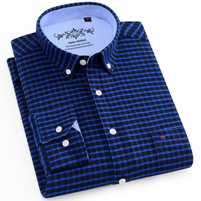 Voguable Men's Button Down Casual Durable Oxford Shirt Single Patch Pocket Spring Autumn Long Sleeve Standard-fit Striped Plaid Shirts voguable